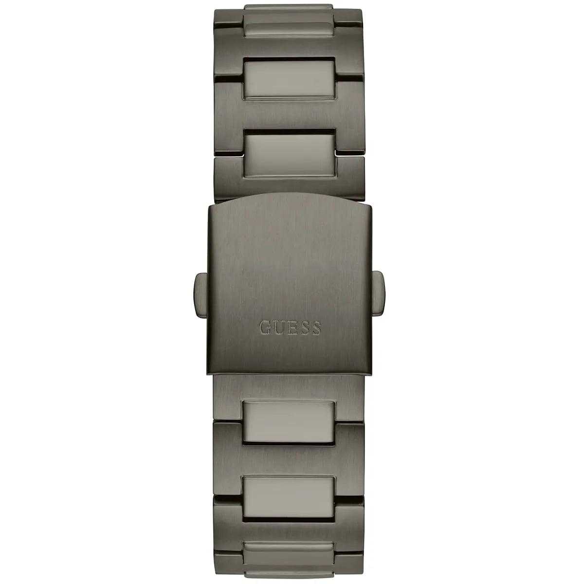 Guess Headline case back showing engraved Guess logo on gunmetal steel