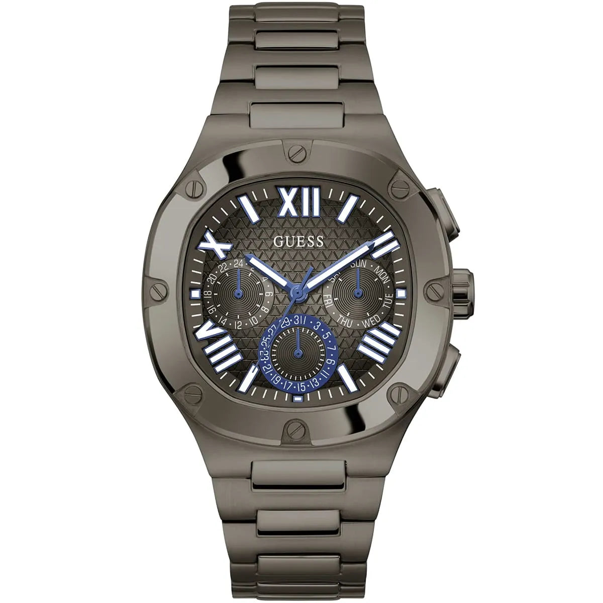 Guess Headline men's watch front view with roman numeral dial and blue chronograph subdials