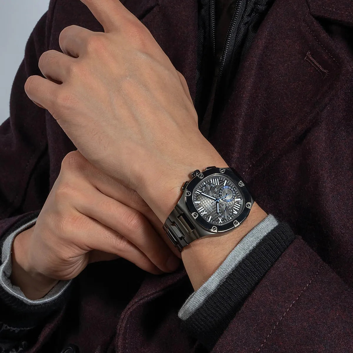 Guess Headline 42mm watch worn on wrist showing chronograph dial and bracelet fit