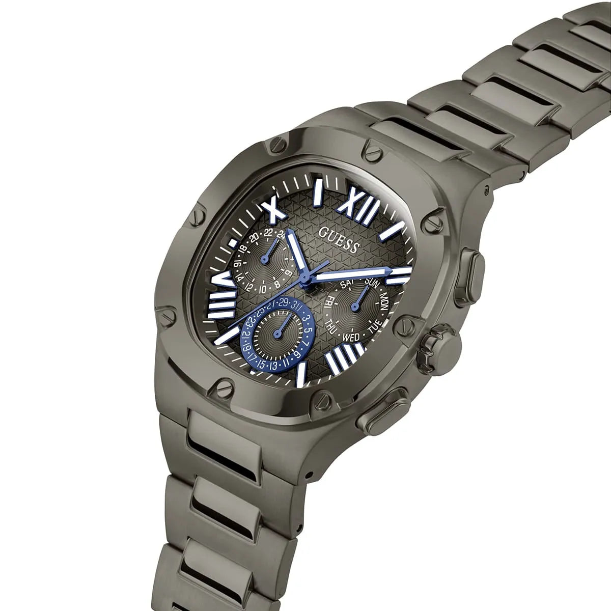 Guess Headline watch side profile displaying case depth and metal bracelet
