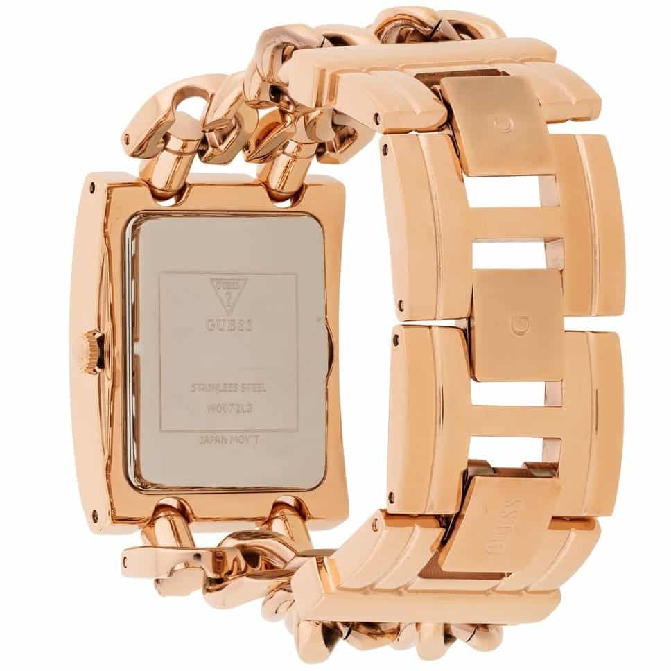 Guess Heavy Metal rose gold watch case back showing engraved brand details