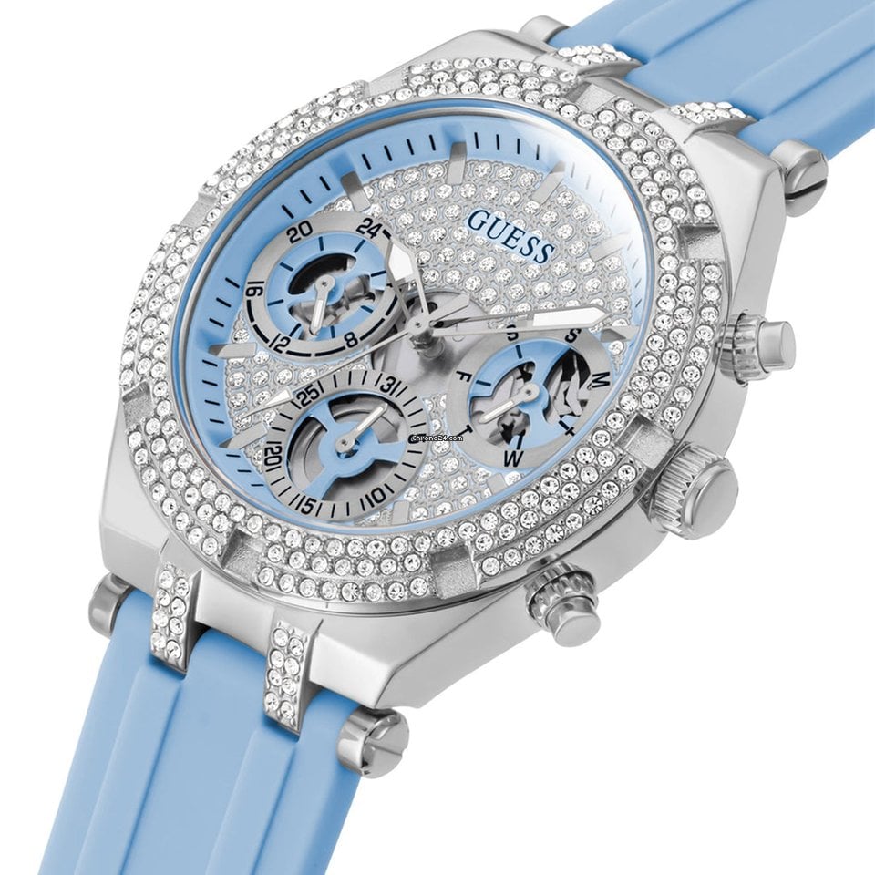 Guess Heiress chronograph watch angled view showing blue dial and crystal-studded bezel