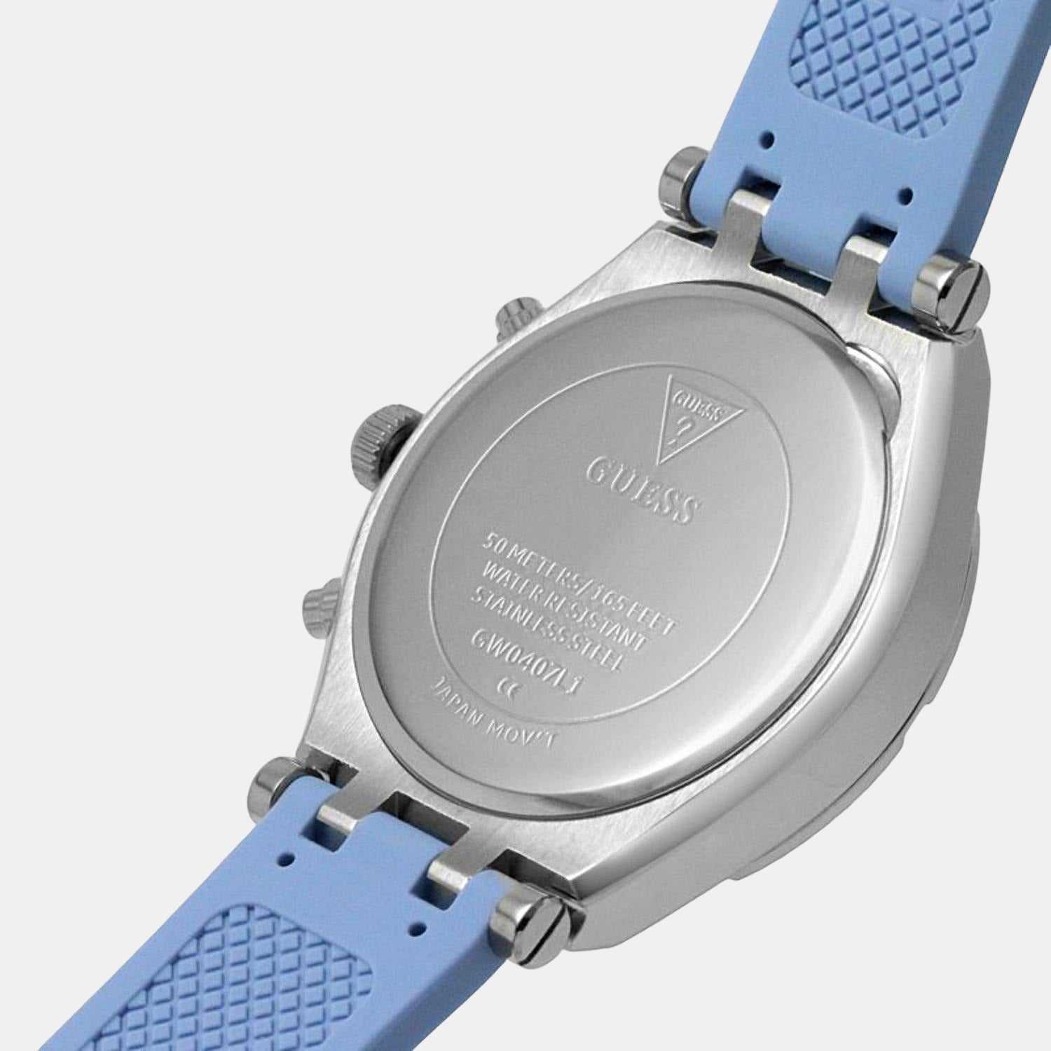Guess Heiress watch caseback showing engraved stainless steel with model number GW0407L1