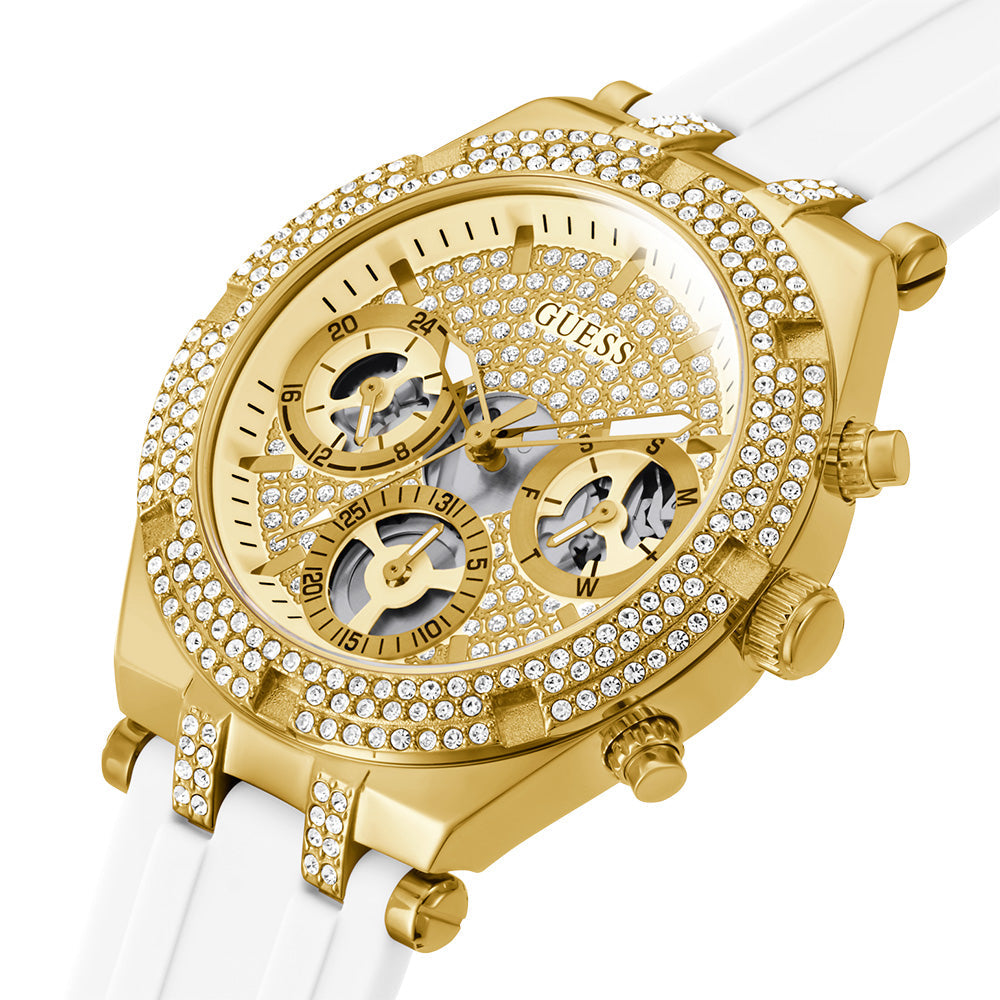 Guess Heiress watch angled view showing multi-dial chronograph face and crystal details