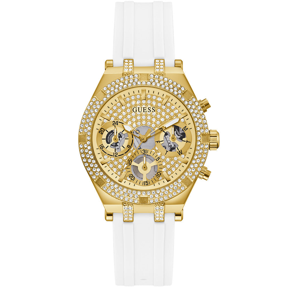 Guess Heiress gold-tone women's watch with crystal bezel and white silicone strap