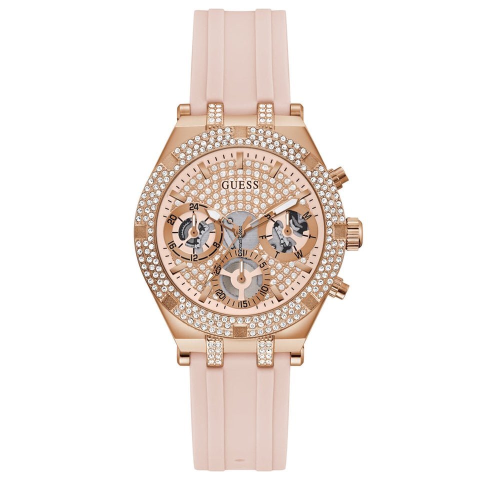 Guess Heiress rose gold chronograph women's watch with crystal-studded bezel and pink silicone strap