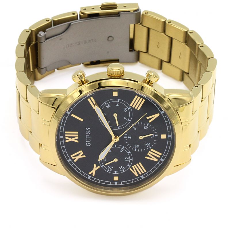 Guess Hendrix watch three-quarter view showing gold link bracelet and black chronograph dial