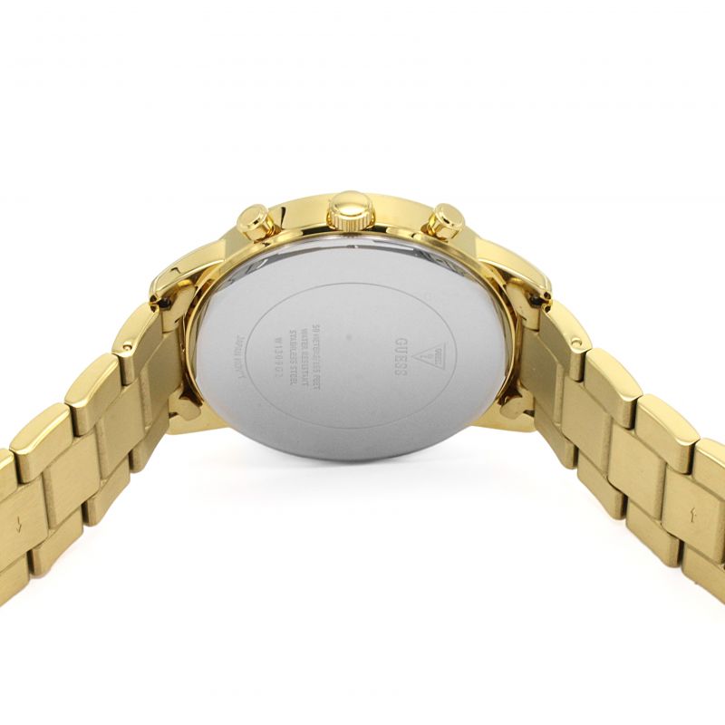 Guess Hendrix watch caseback showing stainless steel case and bracelet