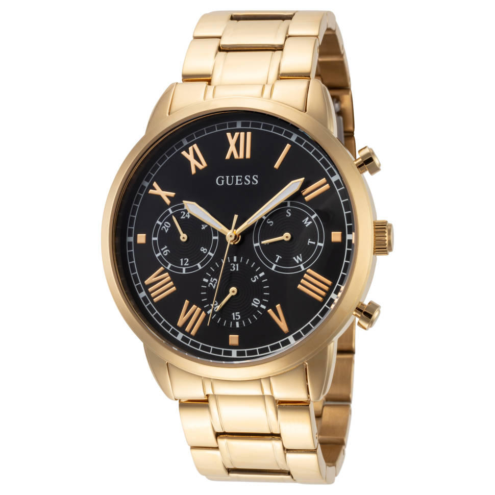 Guess Hendrix gold-tone chronograph watch with black dial and Roman numeral markers