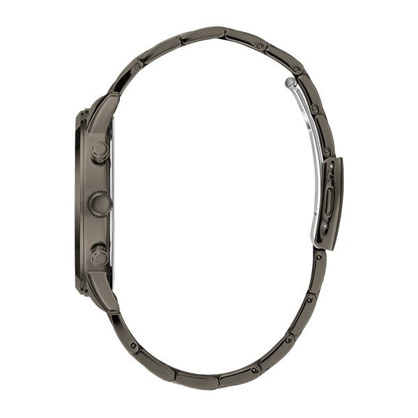 Side profile view of stainless steel bracelet and case of Guess Hendrix watch