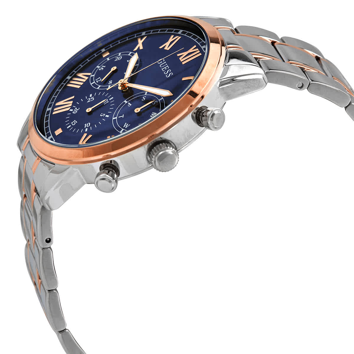 Side angle view of Guess Hendrix chronograph with blue dial and two-tone metal bracelet