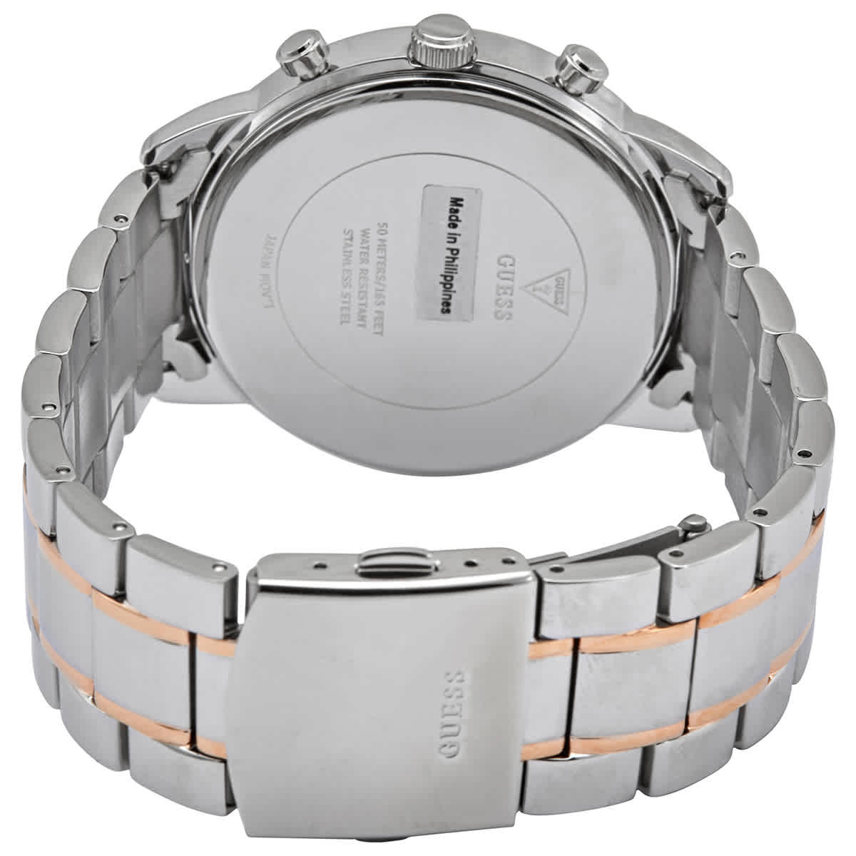 Caseback view showing stainless steel case back with Guess branding and specifications