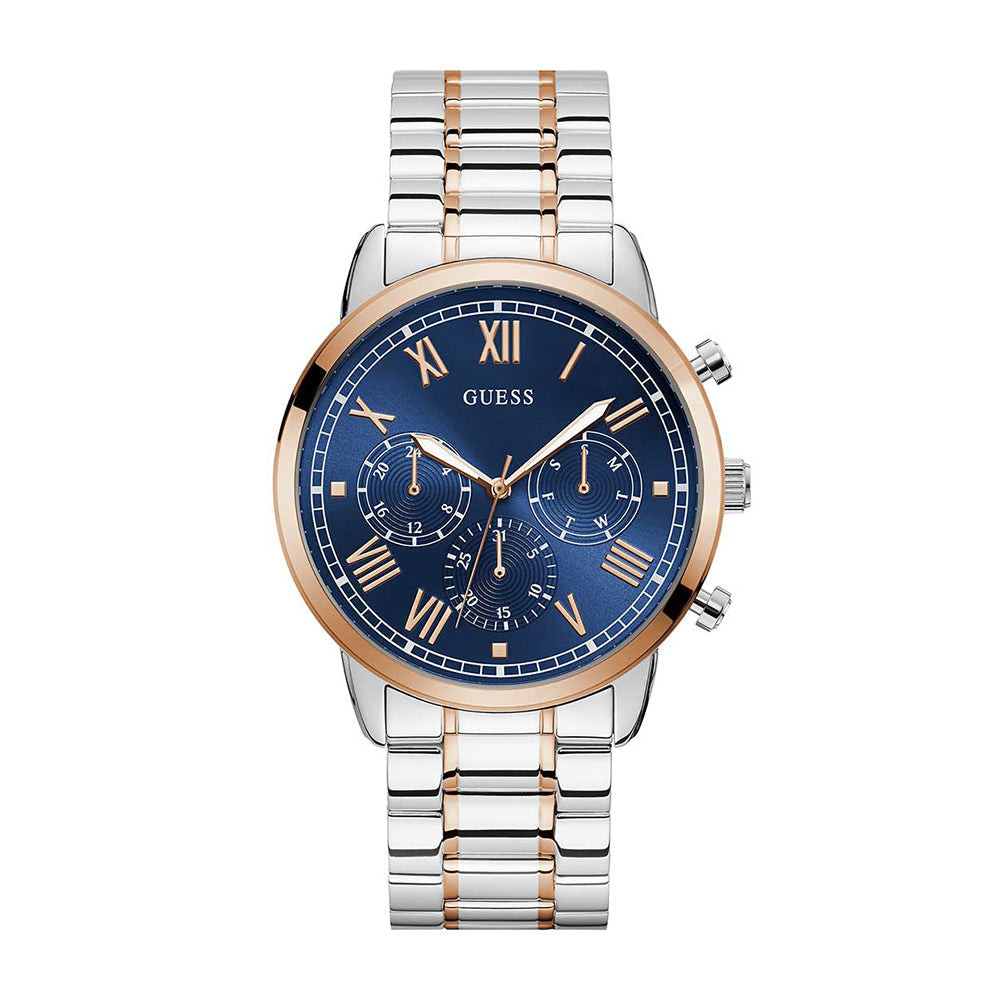 Guess Hendrix men's watch with blue dial, rose gold bezel, and two-tone silver and rose gold bracelet