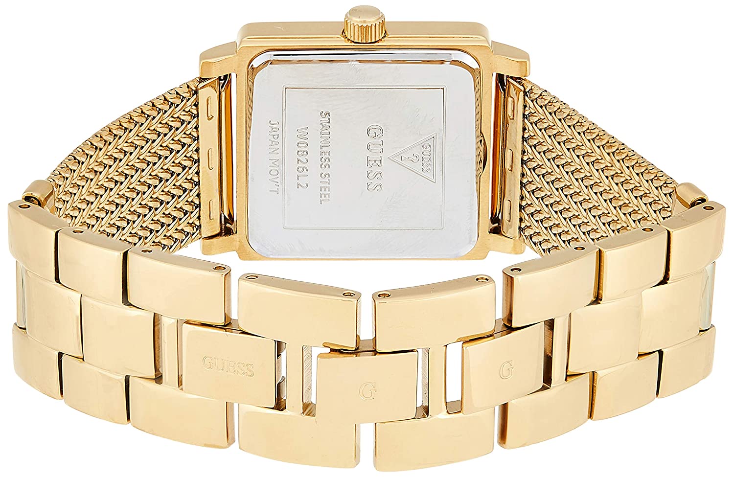 Back of Guess Highline watch showing gold-tone case back with model number engraving