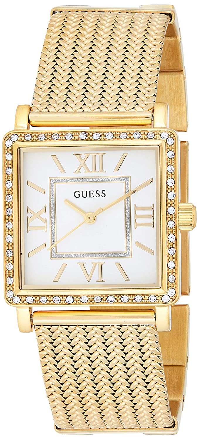 Guess Highline ladies watch with off-white dial, Roman numerals, gold-tone case and textured mesh bracelet