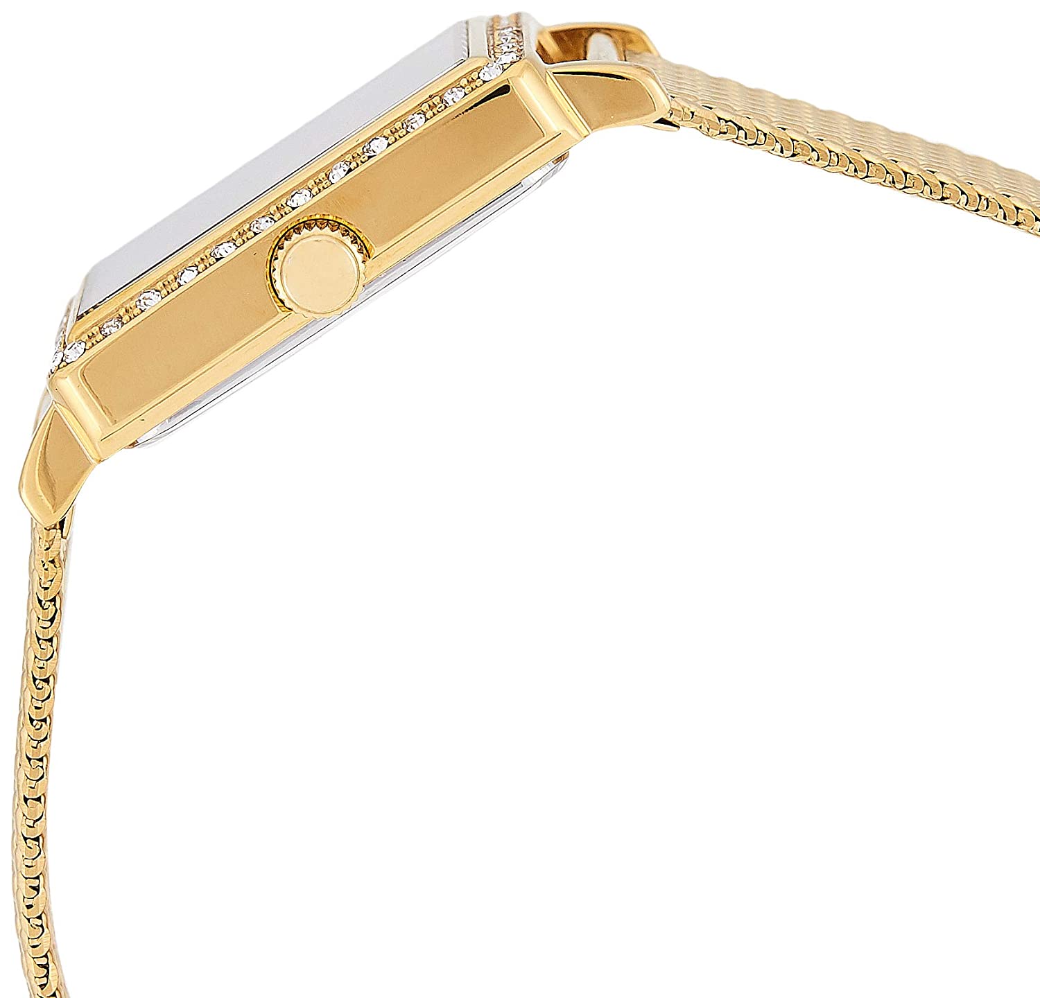 Side view of Guess Highline watch showing crystal bezel, case profile, and mesh bracelet