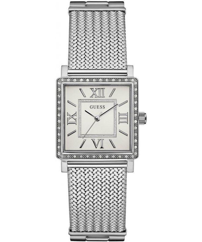 Guess Highline women's watch with square silver case, white dial, Roman numerals, and mesh band