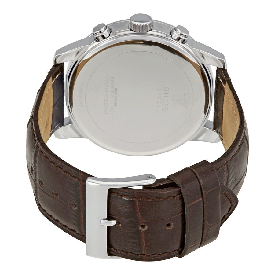 Caseback view of Guess Horizon chronograph showing metal case back with brown crocodile-textured leather strap