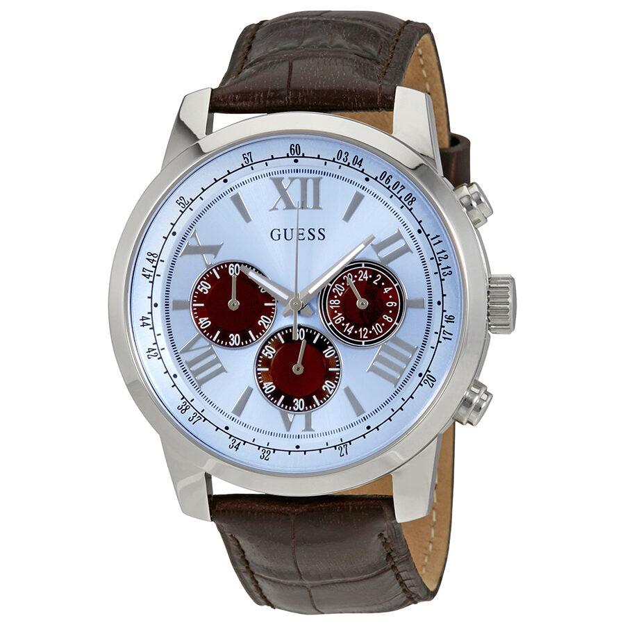 Guess Horizon chronograph watch with light blue dial, burgundy subdials, stainless steel case, and brown leather strap