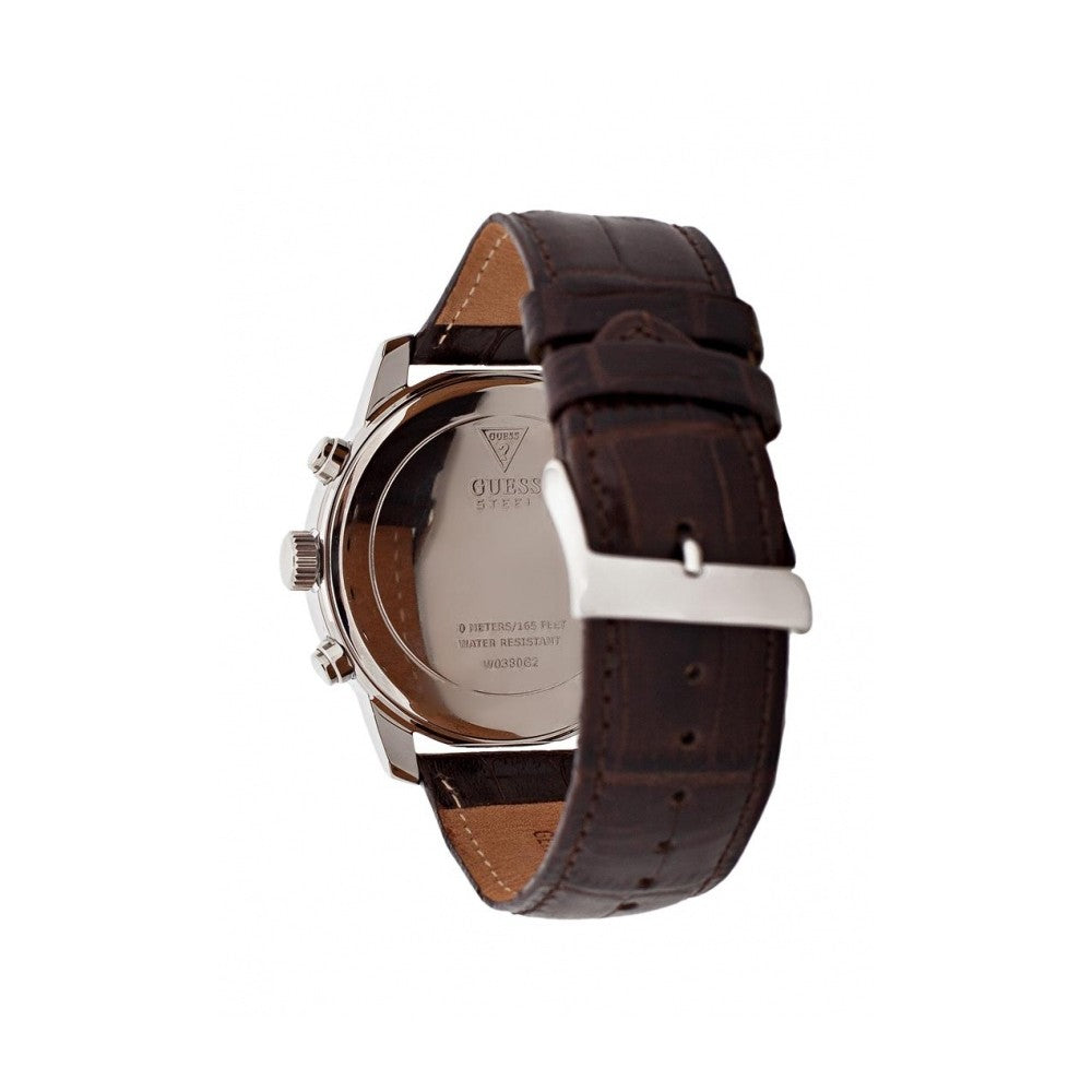 Guess Horizon watch caseback showing brown leather strap and engraved case