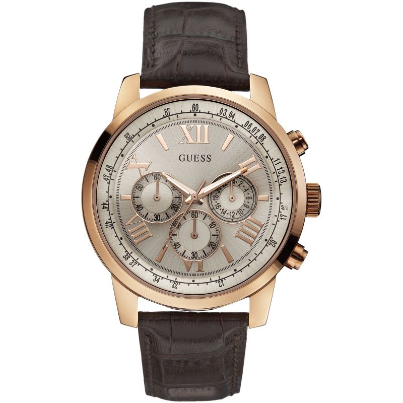 Guess Horizon Silver Dial Leather Strap Men’s Watch W0380G4 - Watch