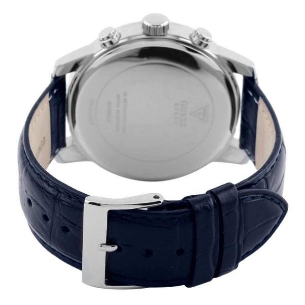 Guess Horizon watch caseback with blue leather strap and stainless steel buckle