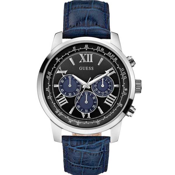 Guess Horizon black dial chronograph watch with three subdials and blue leather strap