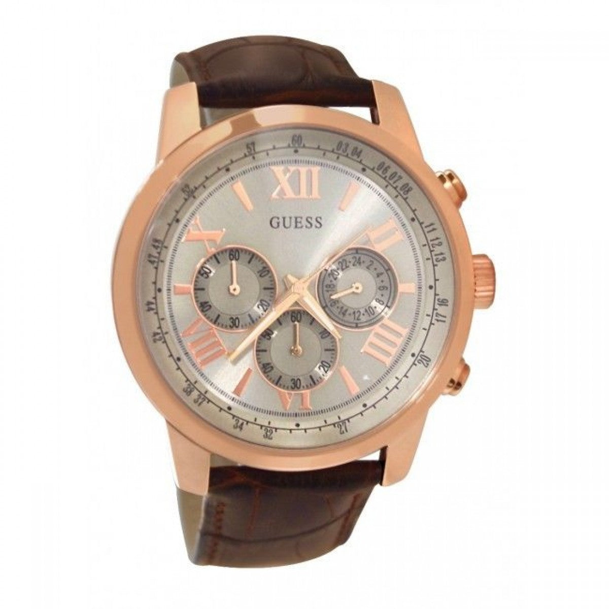 Guess Horizon W0380G4 chronograph with silver dial, three subdials, and dark brown leather strap