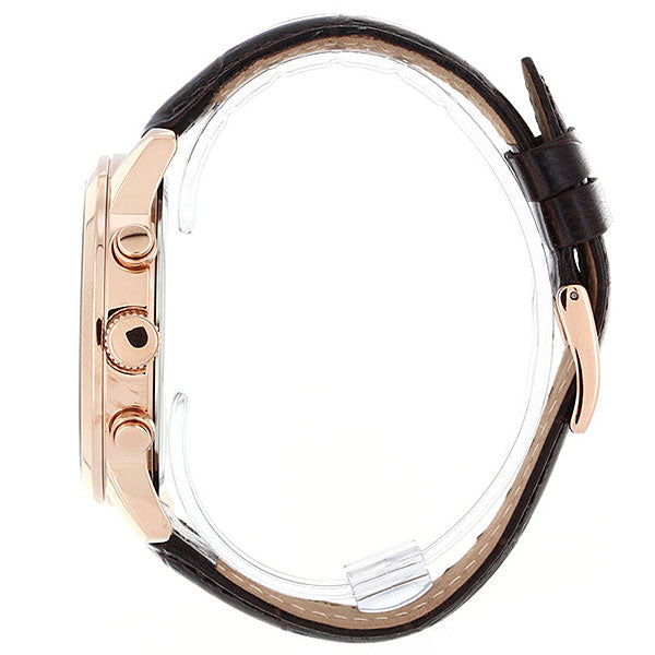 Side view of Guess Horizon W0380G4 rose gold chronograph watch with leather strap