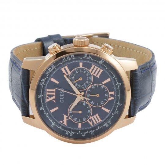 Guess Horizon watch 45-degree angle view showing rose gold case and blue leather strap