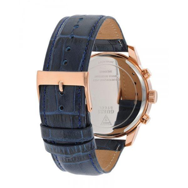 Guess Horizon watch caseback showing serial number and rose gold case with navy leather strap