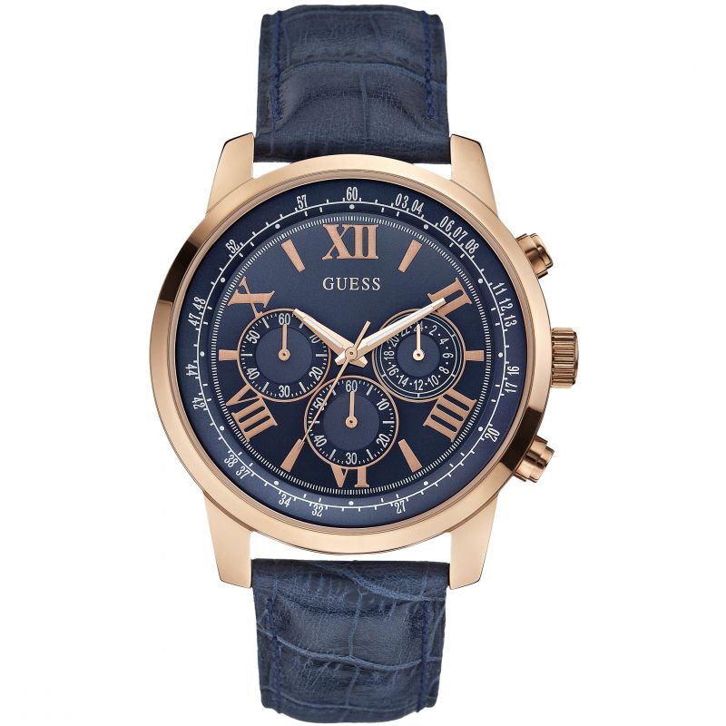 Guess Horizon chronograph watch with blue dial, rose gold case, and navy leather strap