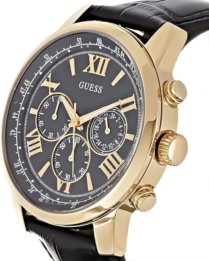 Guess HORIZON 42mm chronograph watch with gold-tone case, black dial, and Roman numeral markers