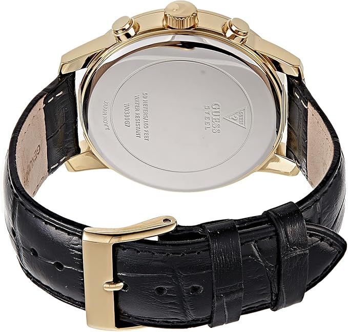 Guess HORIZON watch caseback showing steel back with engraved logo and leather strap