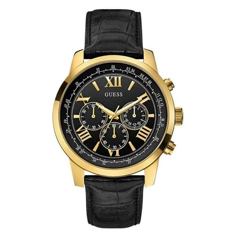 Guess HORIZON 42mm gold-tone steel watch with black dial and black leather band