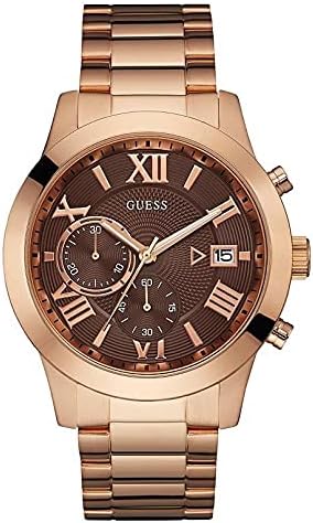 Guess Iconic Signature brown dial rose gold steel chronograph watch front view