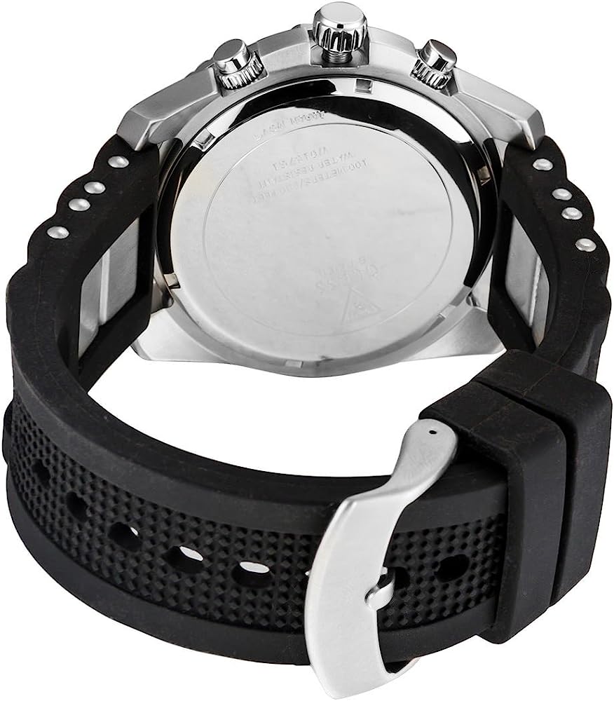 Caseback view of Guess Intrepid watch with silver-tone case back and black rubber strap