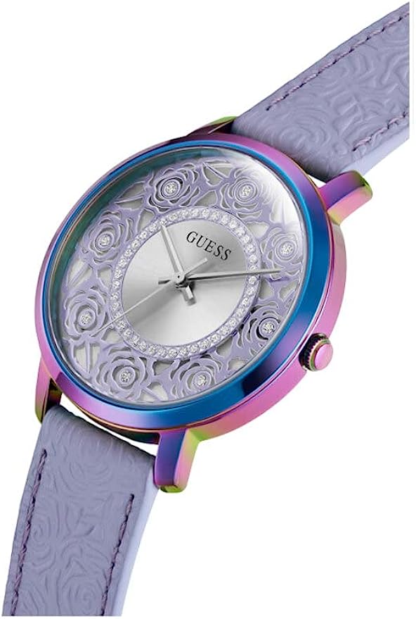 Angled view of Guess watch with floral dial cutout and multicolor iridescent case