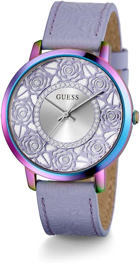 Guess iridescent floral cutout women's watch with purple strap and multicolor case
