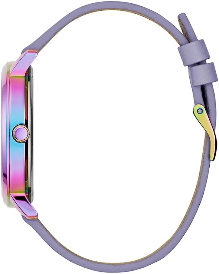 Side view of Guess watch showing iridescent case and purple leather strap