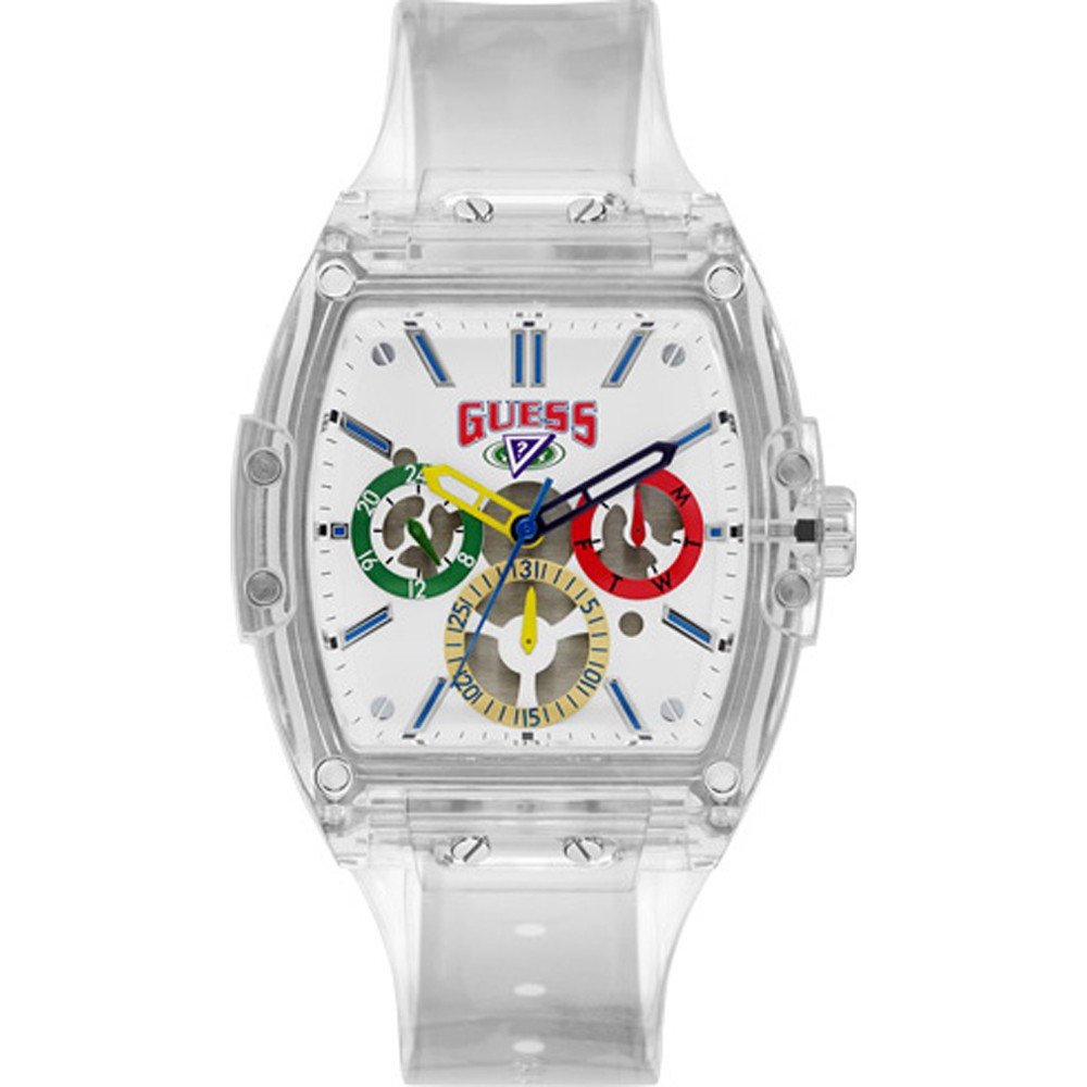 Guess J Balvin men's watch with clear case, white dial, and colorful chronograph subdials