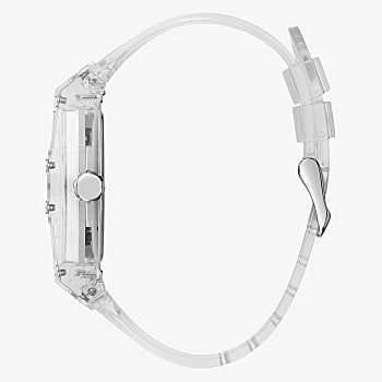 Side view of Guess J Balvin clear strap watch showing transparent case and band