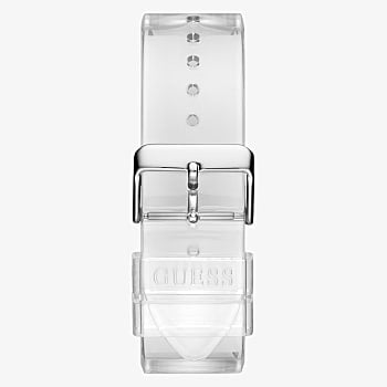 Guess J Balvin watch strap and caseback detail with clear transparent silicone band