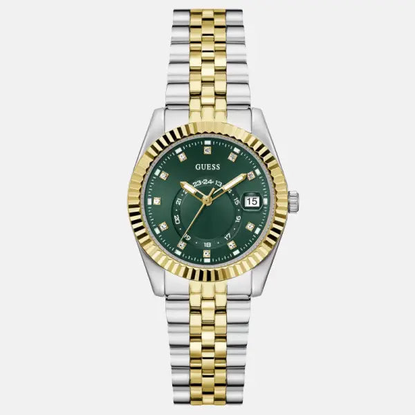 GUESS Jada 2-tone ladies watch with dark green dial, gold and silver steel bracelet, and date window