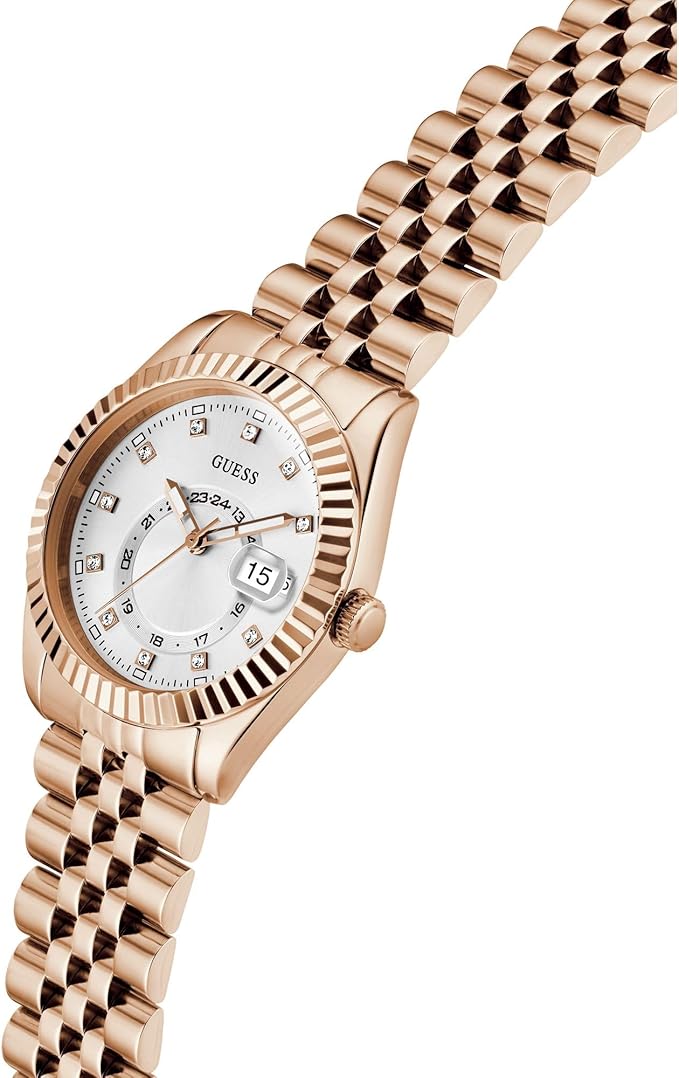 GUESS Jada rose gold watch at angle showing dial and multi-function date subdial