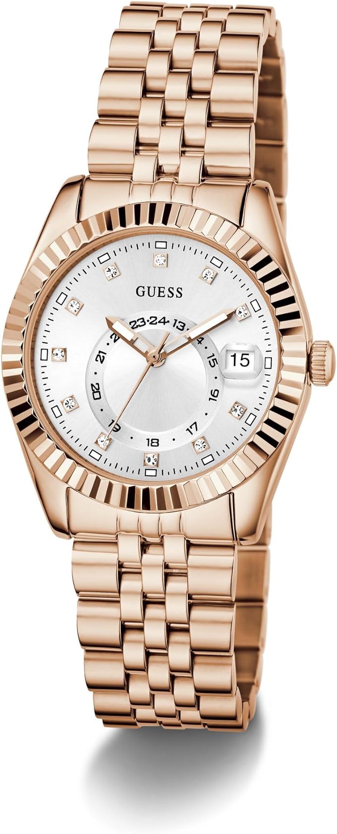 GUESS Jada ladies watch front view with multi-function date dial and rose gold case
