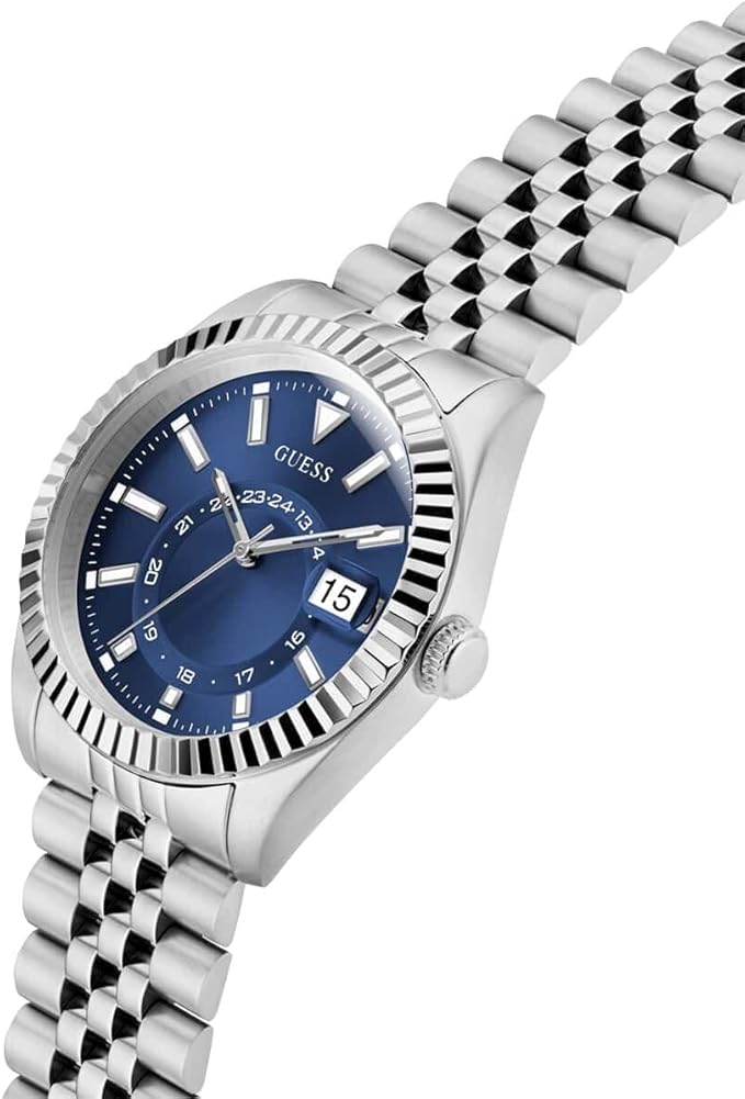 GUESS Jaden men's watch angled view with blue dial and silver tone metal bracelet