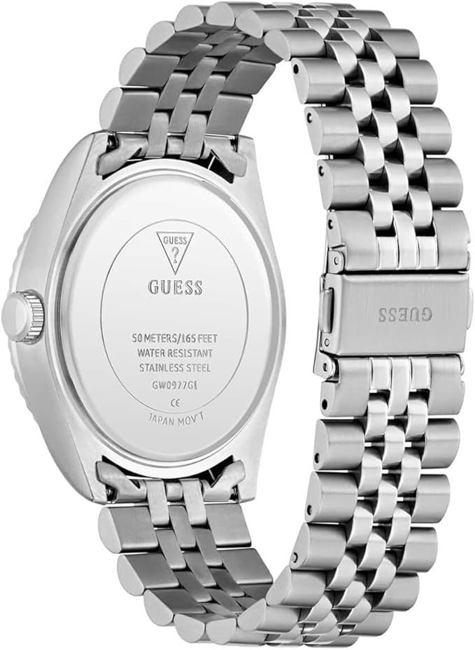 GUESS Jaden watch case back showing stainless steel construction and model details
