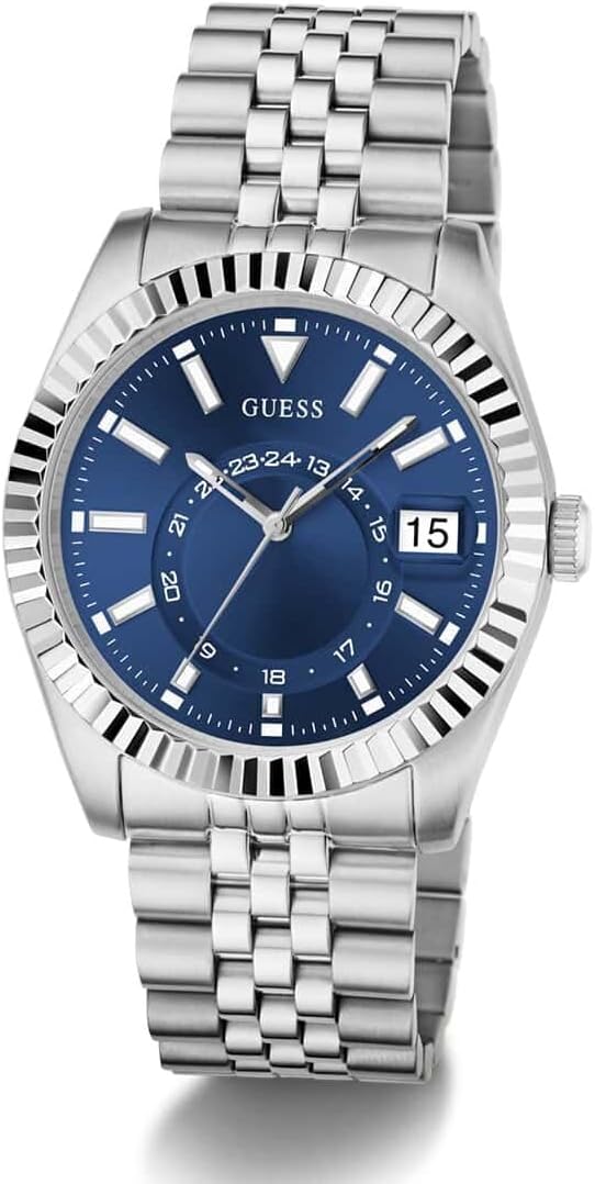 GUESS Jaden watch front display with date window and fluted bezel detail