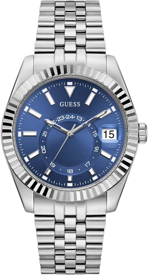 GUESS Jaden silver tone men's watch with blue dial and date window